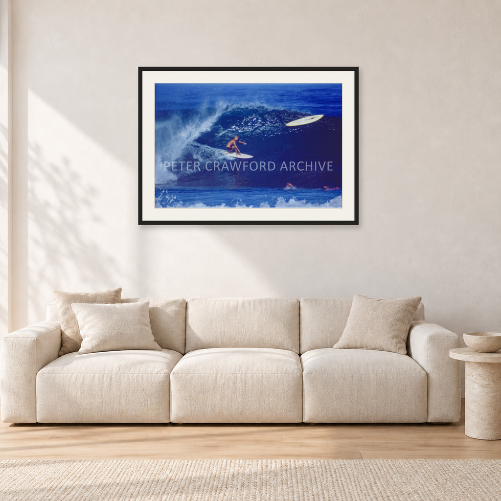 Mystery Bolt, 1989 by Peter Crawford — 90 × 60 cm, black frame with white mat, shown in a light minimalist living room.