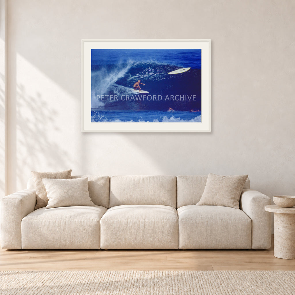 Mystery Bolt, 1989 by Peter Crawford — 90 × 60 cm, white frame with white mat, shown in a light minimalist living room.