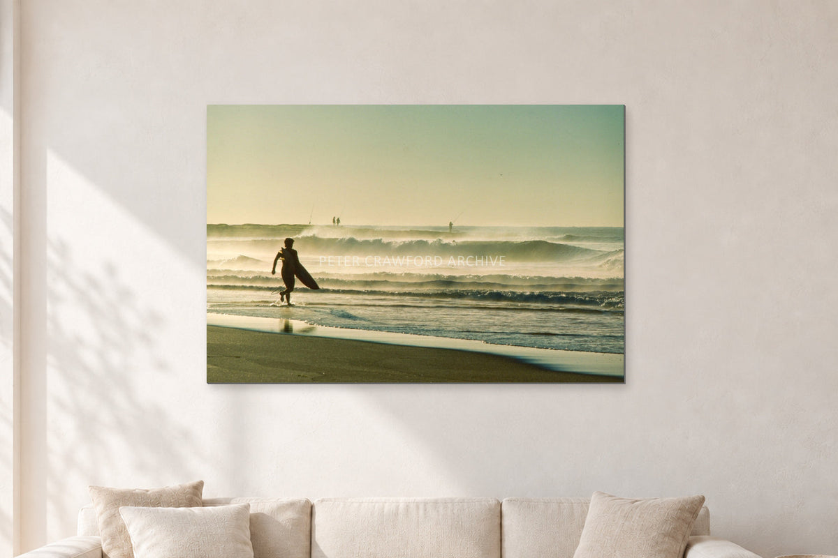 Narrabeen Surfer Fish, Dawn 1991 by Peter Crawford — 120 × 80 cm, aluminium-mounted resin print, shown in a light minimalist living room.