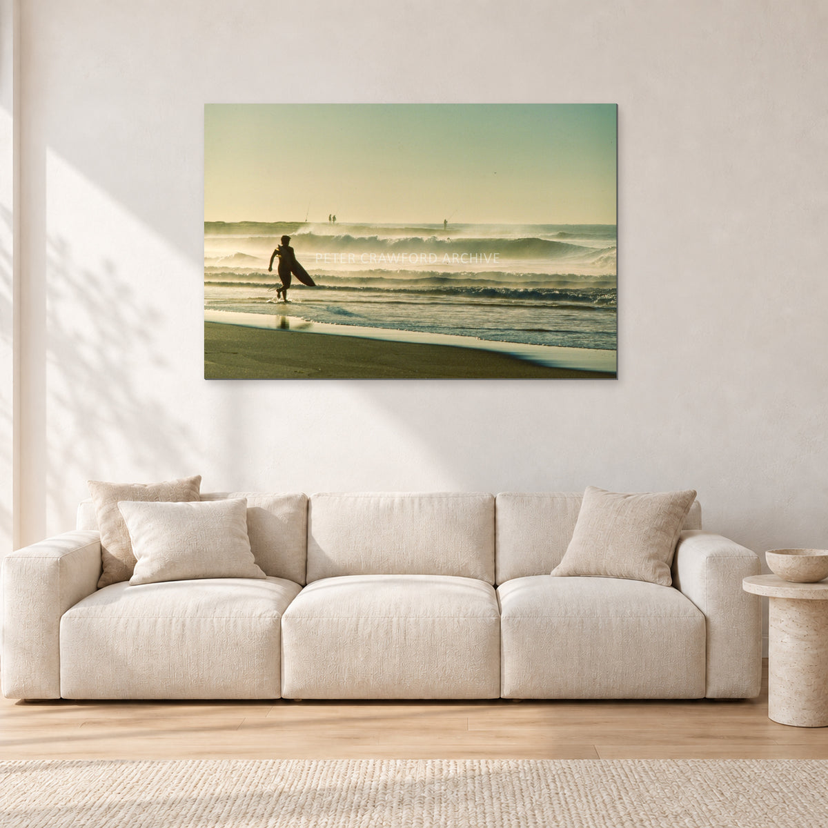 Narrabeen Surfer Fish, Dawn 1991 by Peter Crawford — 120 × 80 cm, aluminium-mounted resin print, shown in a light minimalist living room.