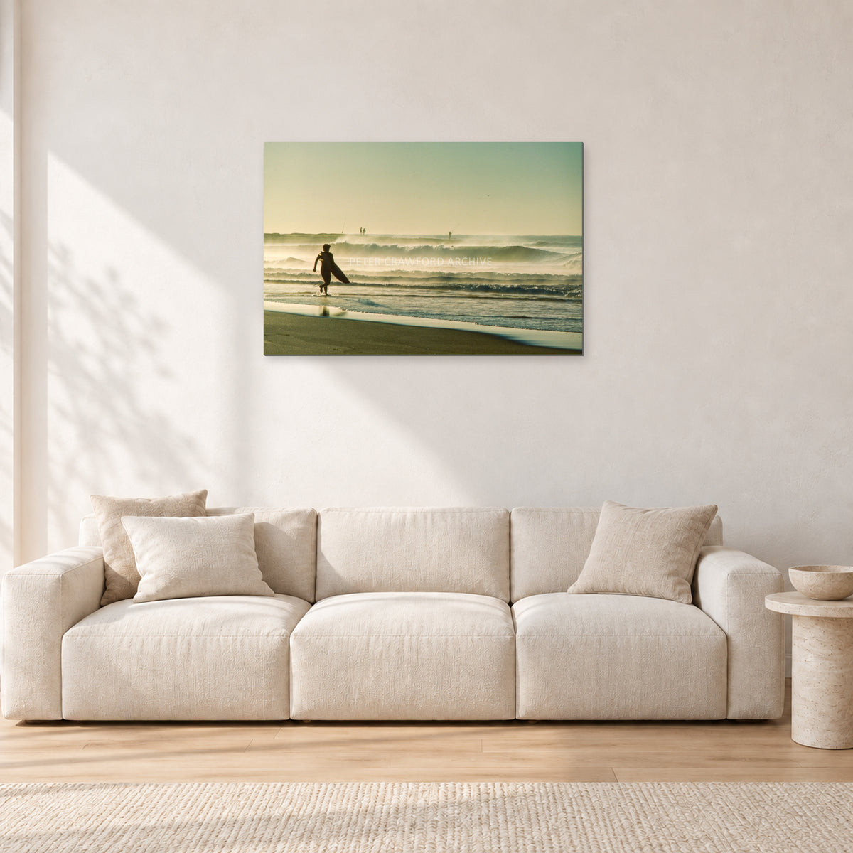 Narrabeen Surfer Fish, Dawn 1991 by Peter Crawford — 90 × 60 cm, aluminium-mounted resin print, shown in a light minimalist living room.