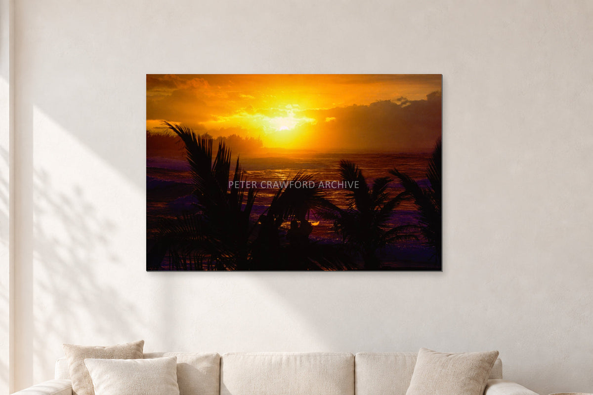 North Shore Sunset by Peter Crawford — 120 × 80 cm, aluminium-mounted resin print, shown in a light minimalist living room.