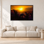 North Shore Sunset by Peter Crawford — 120 × 80 cm, black frame, shown in a light minimalist living room.