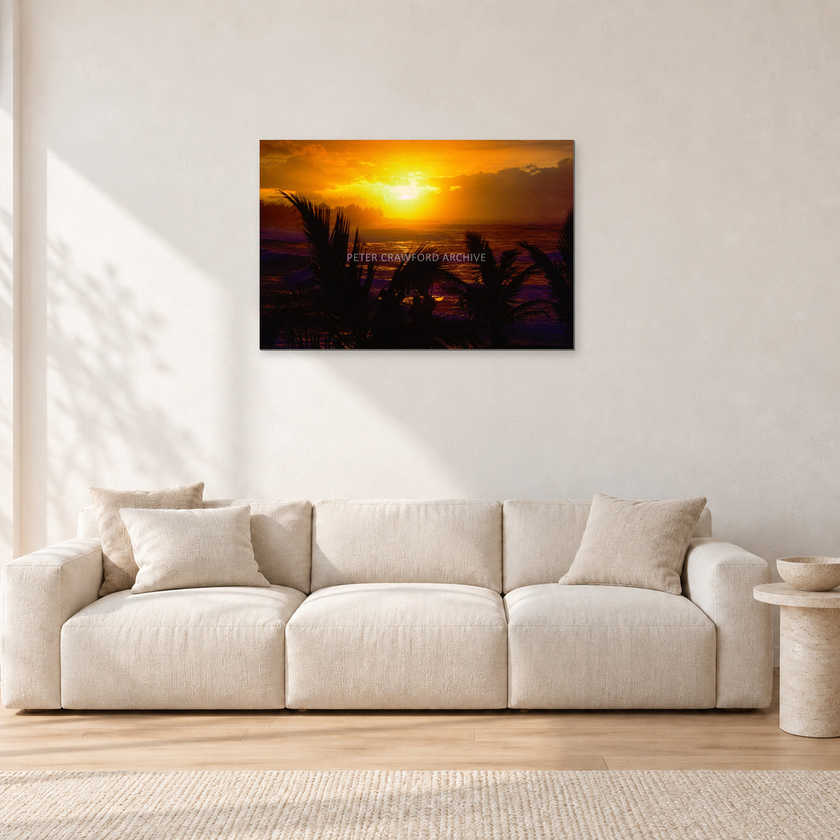 North Shore Sunset by Peter Crawford — 90 × 60 cm, aluminium-mounted resin print, shown in a light minimalist living room.