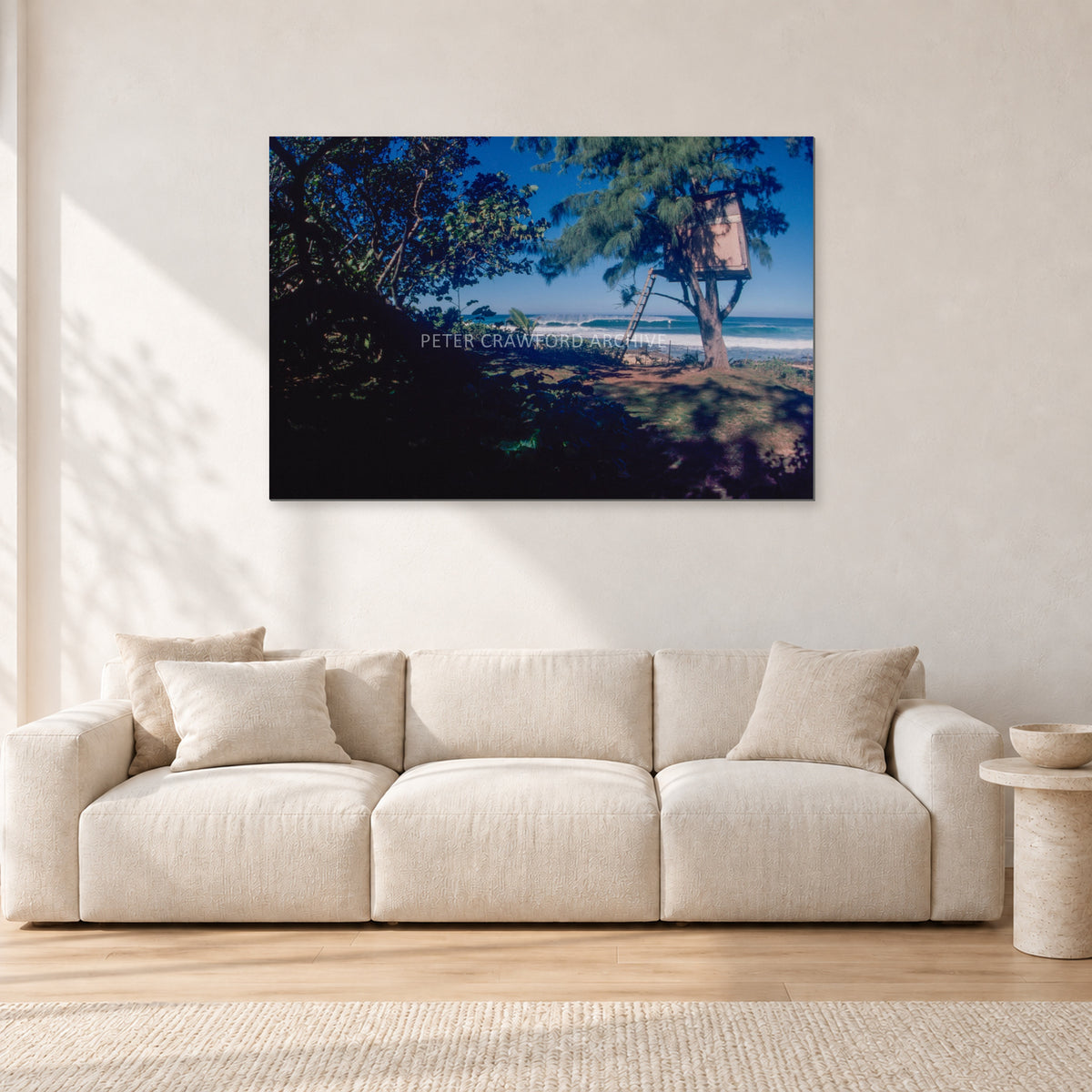 North Shore Tree House, 1978 by Peter Crawford — 120 × 80 cm, aluminium-mounted resin print, shown in a light minimalist living room.