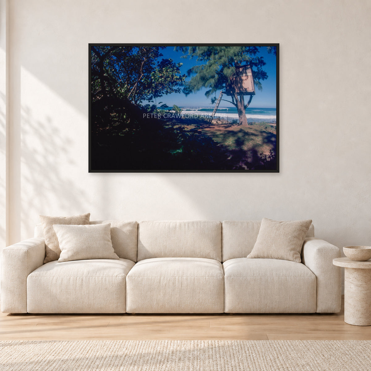 North Shore Tree House, 1978 by Peter Crawford — 120 × 80 cm, black frame, shown in a light minimalist living room.