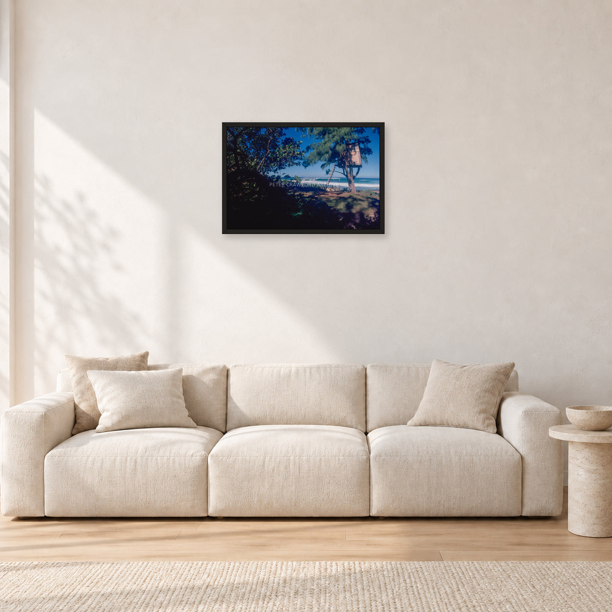 North Shore Tree House, 1978 by Peter Crawford — 60 × 40 cm, black frame, shown in a light minimalist living room.