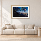 North Shore Tree House, 1978 by Peter Crawford — 90 × 60 cm, hayseed frame with white mat, shown in a light minimalist living room.
