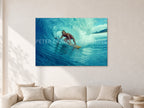 North Shore Tube Ride, Hawaii 1970s by Peter Crawford — 120 × 80 cm, aluminium-mounted resin print, shown in a light minimalist living room.