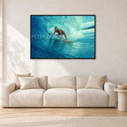 North Shore Tube Ride, Hawaii 1970s by Peter Crawford — 120 × 80 cm, black frame, shown in a light minimalist living room.