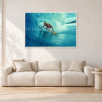 North Shore Tube Ride, Hawaii 1970s by Peter Crawford — 120 × 80 cm, white frame, shown in a light minimalist living room.