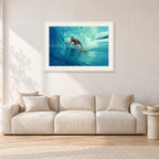 North Shore Tube Ride, Hawaii 1970s by Peter Crawford — 90 × 60 cm, white frame with white mat, shown in a light minimalist living room.