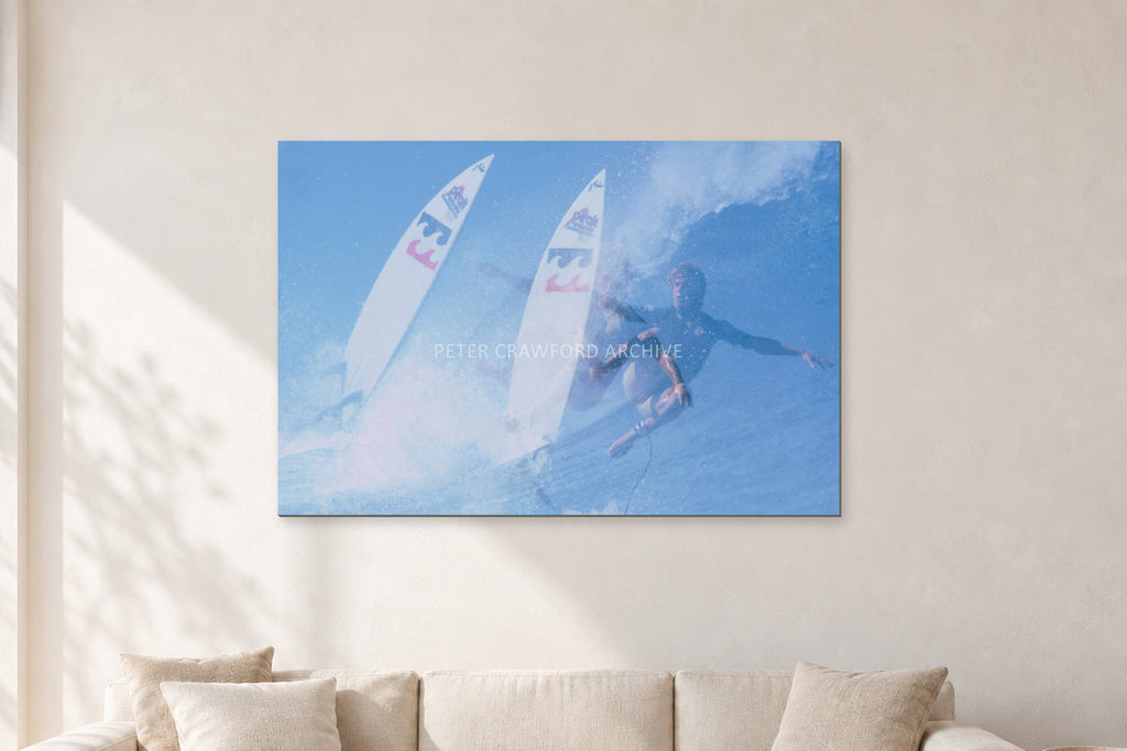 Occy Double Exposure, 1984 by Peter Crawford — 120 × 80 cm, aluminium-mounted resin print, shown in a light minimalist living room.