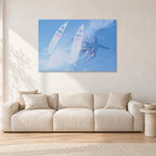 Occy Double Exposure, 1984 by Peter Crawford — 120 × 80 cm, aluminium-mounted resin print, shown in a light minimalist living room.