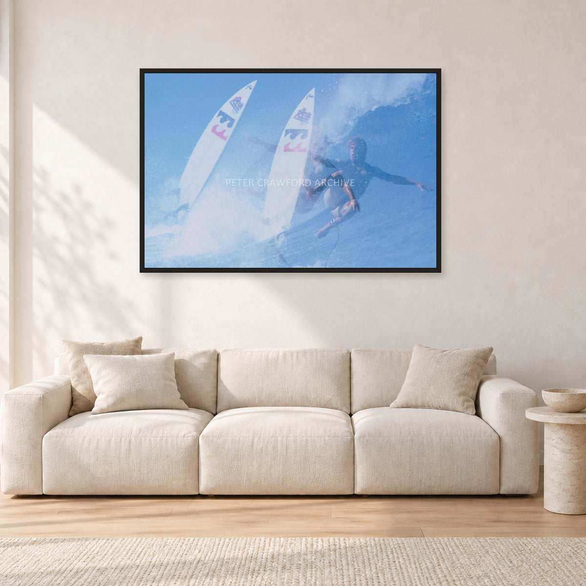 Occy Double Exposure, 1984 by Peter Crawford — 120 × 80 cm, black frame, shown in a light minimalist living room.