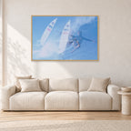 Occy Double Exposure, 1984 by Peter Crawford — 120 × 80 cm, hayseed frame, shown in a light minimalist living room.