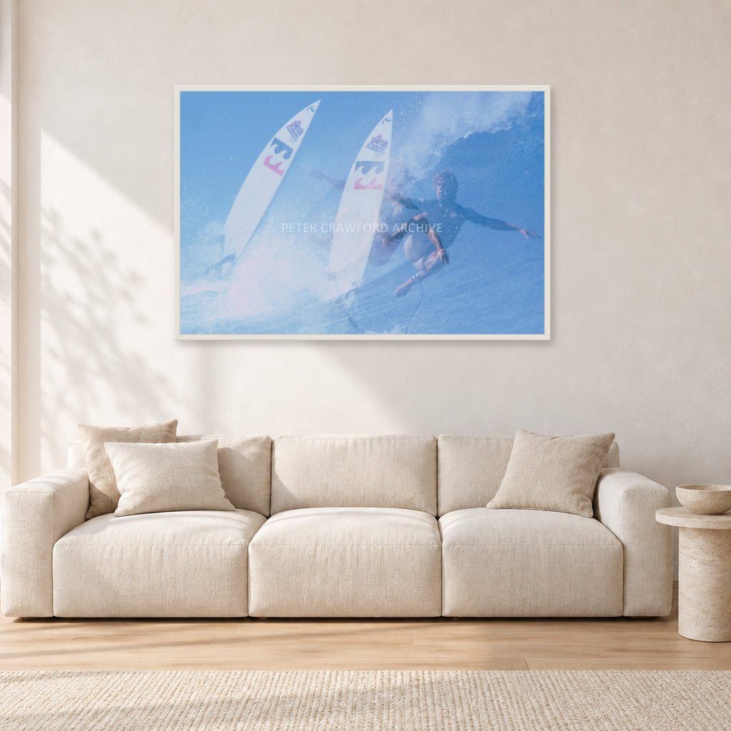 Occy Double Exposure, 1984 by Peter Crawford — 120 × 80 cm, white frame, shown in a light minimalist living room.