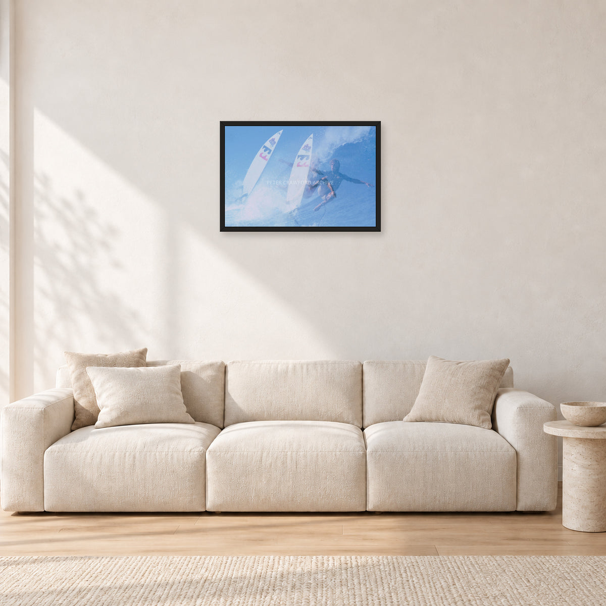 Occy Double Exposure, 1984 by Peter Crawford — 60 × 40 cm, black frame, shown in a light minimalist living room.