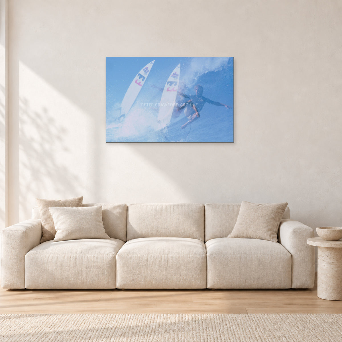 Occy Double Exposure, 1984 by Peter Crawford — 90 × 60 cm, aluminium-mounted resin print, shown in a light minimalist living room.