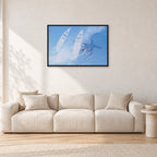 Occy Double Exposure, 1984 by Peter Crawford — 90 × 60 cm, black frame, shown in a light minimalist living room.