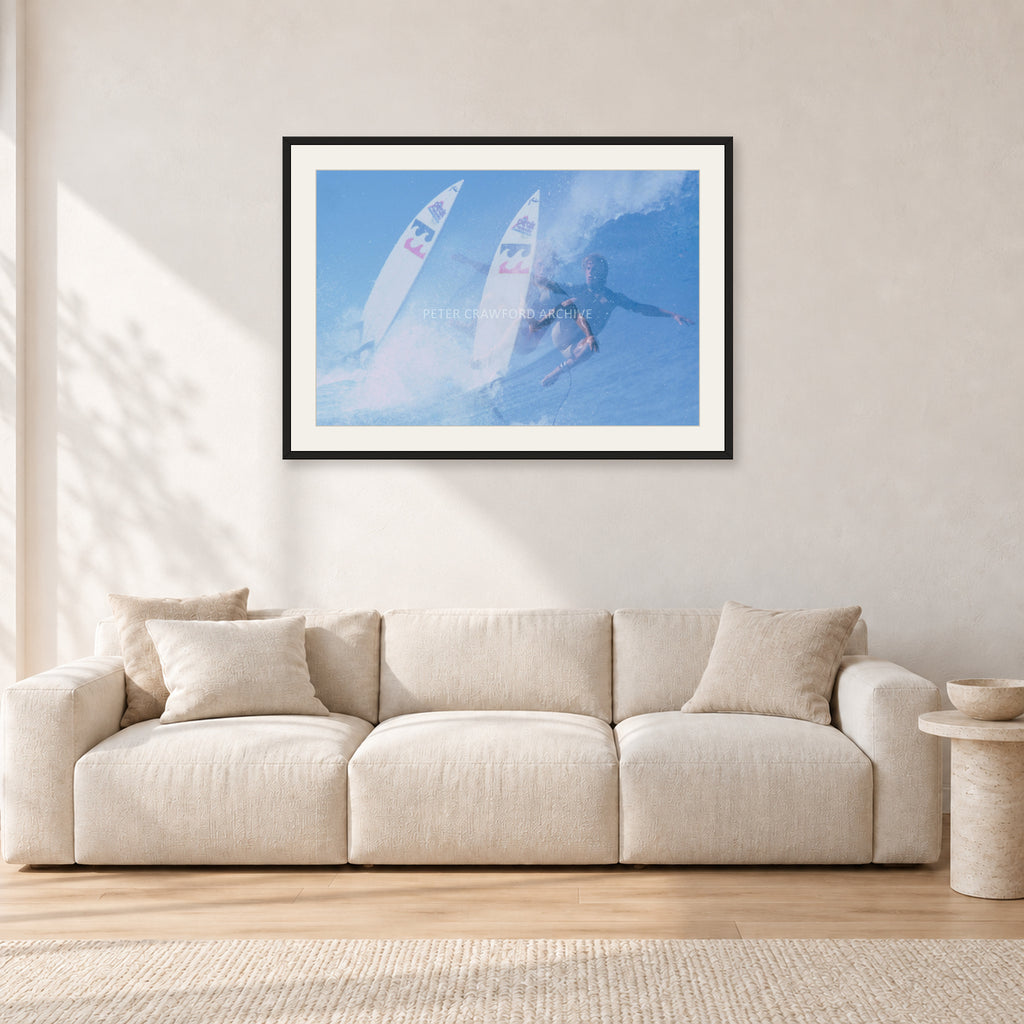 Occy Double Exposure, 1984 by Peter Crawford — 90 × 60 cm, black frame with white mat, shown in a light minimalist living room.