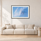 Occy Double Exposure, 1984 by Peter Crawford — 90 × 60 cm, black frame with white mat, shown in a light minimalist living room.