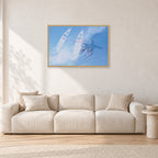 Occy Double Exposure, 1984 by Peter Crawford — 90 × 60 cm, hayseed frame, shown in a light minimalist living room.