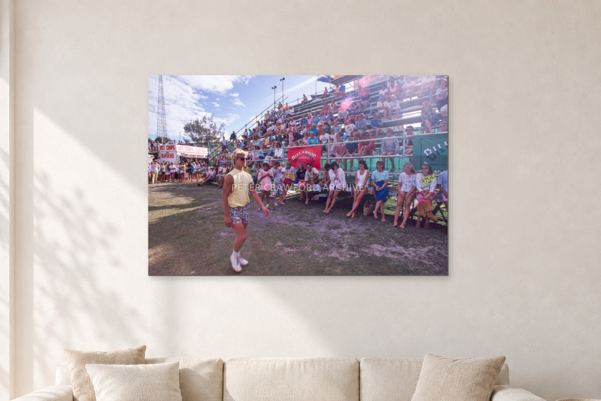 Occy, Duranbah by Peter Crawford — 120 × 80 cm, aluminium-mounted resin print, shown in a light minimalist living room.