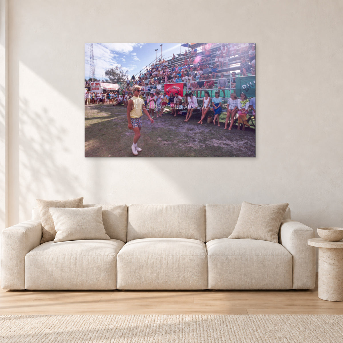 Occy, Duranbah by Peter Crawford — 120 × 80 cm, aluminium-mounted resin print, shown in a light minimalist living room.