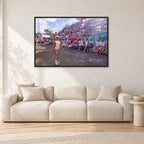 Occy, Duranbah by Peter Crawford — 120 × 80 cm, black frame, shown in a light minimalist living room.