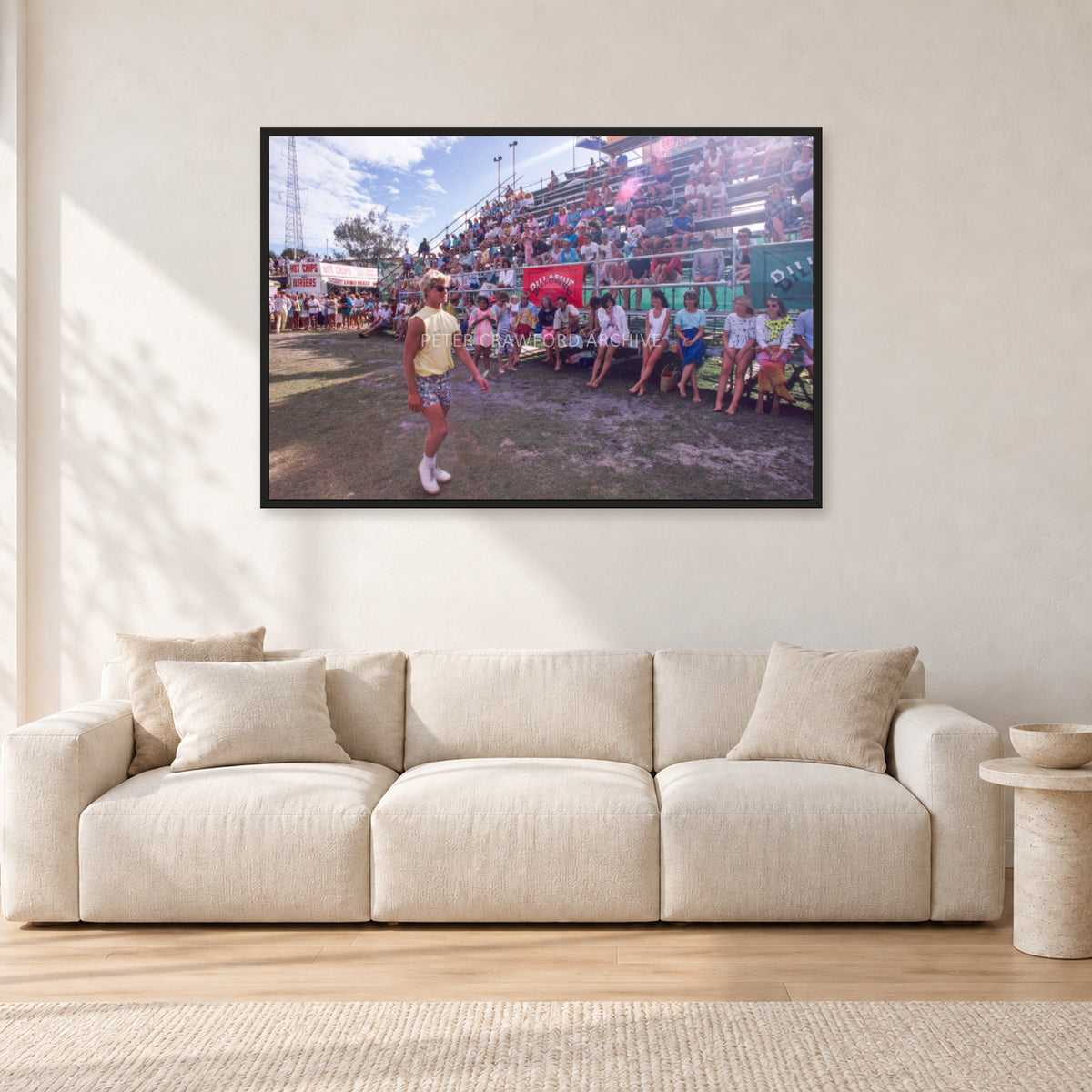Occy, Duranbah by Peter Crawford — 120 × 80 cm, black frame, shown in a light minimalist living room.
