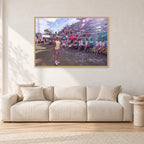 Occy, Duranbah by Peter Crawford — 120 × 80 cm, hayseed frame, shown in a light minimalist living room.