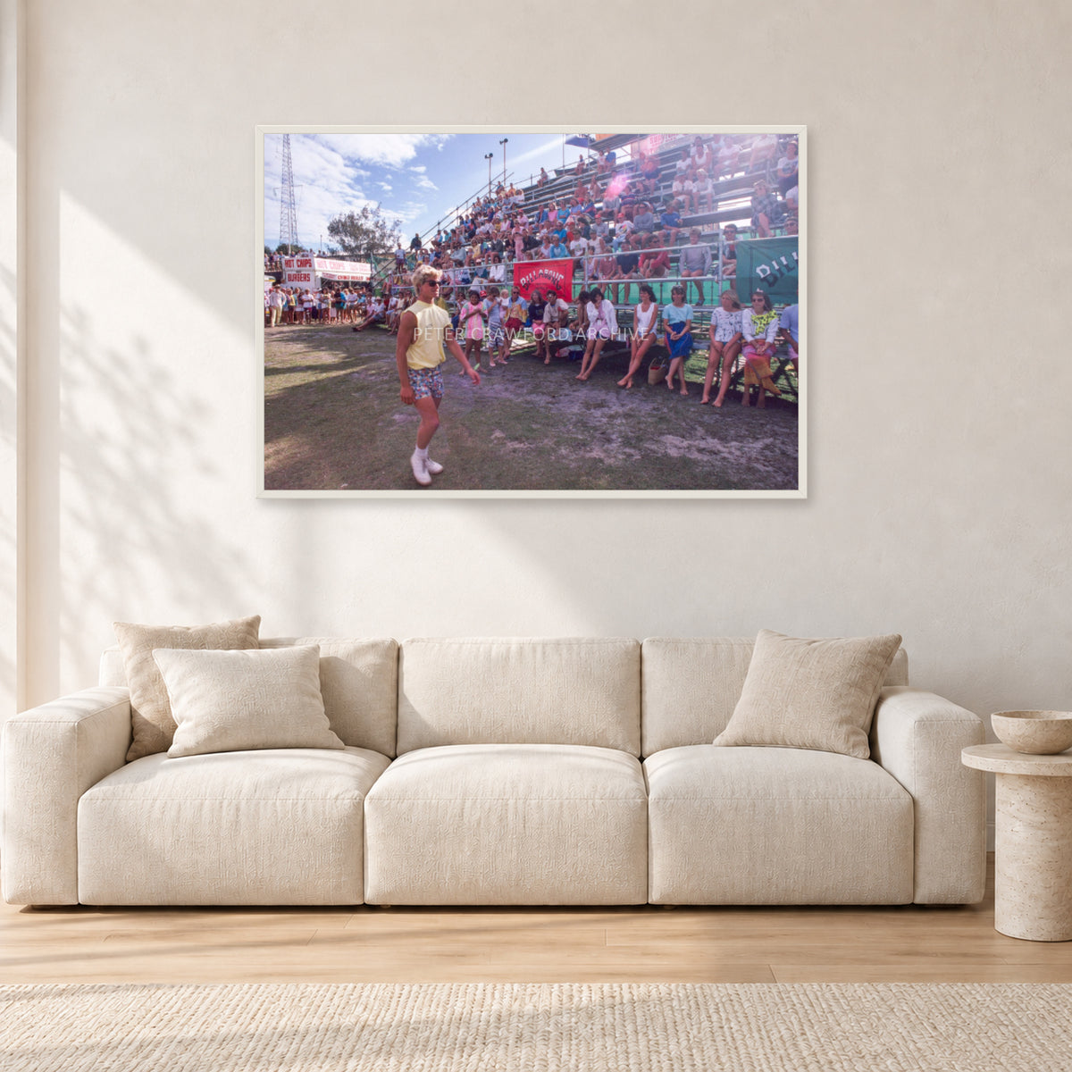 Occy, Duranbah by Peter Crawford — 120 × 80 cm, white frame, shown in a light minimalist living room.