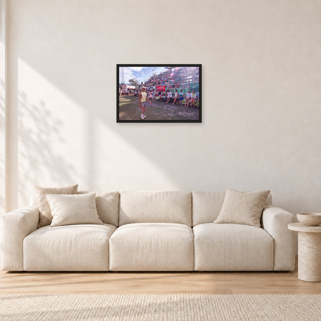 Occy, Duranbah by Peter Crawford — 60 × 40 cm, black frame, shown in a light minimalist living room.