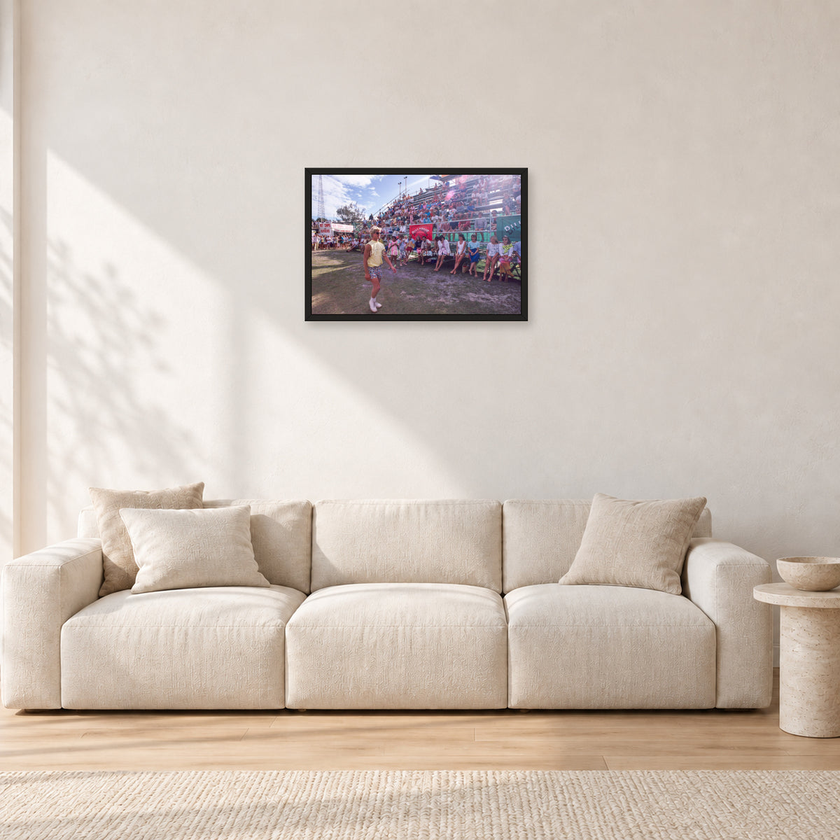 Occy, Duranbah by Peter Crawford — 60 × 40 cm, black frame, shown in a light minimalist living room.