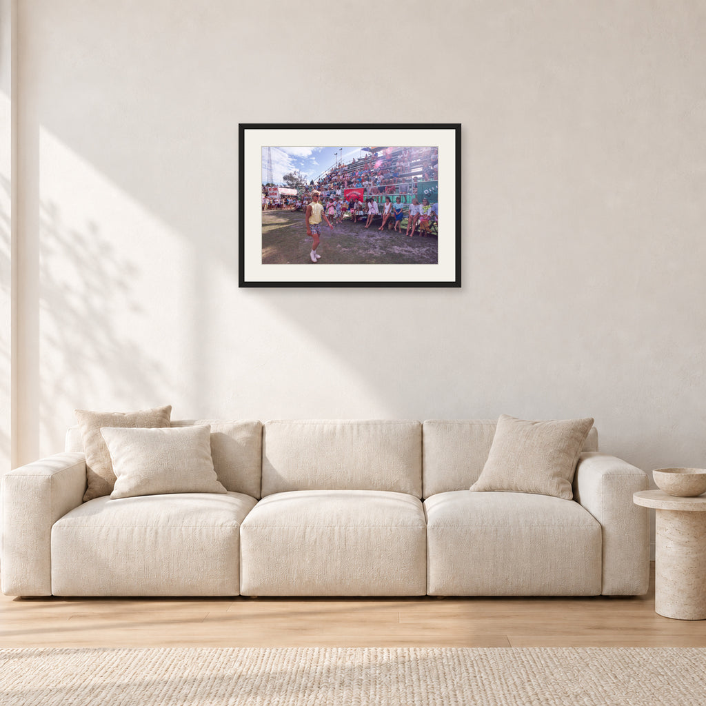 Occy, Duranbah by Peter Crawford — 60 × 40 cm, black frame with white mat, shown in a light minimalist living room.
