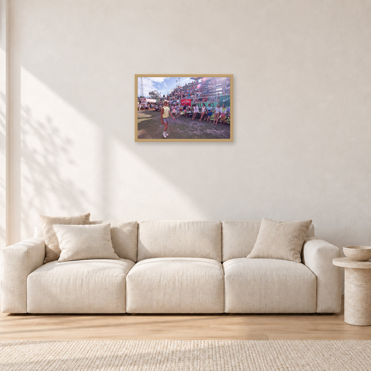 Occy, Duranbah by Peter Crawford — 60 × 40 cm, hayseed frame, shown in a light minimalist living room.