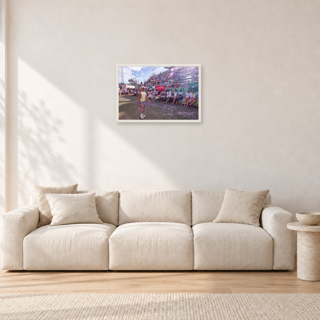 Occy, Duranbah by Peter Crawford — 60 × 40 cm, white frame, shown in a light minimalist living room.