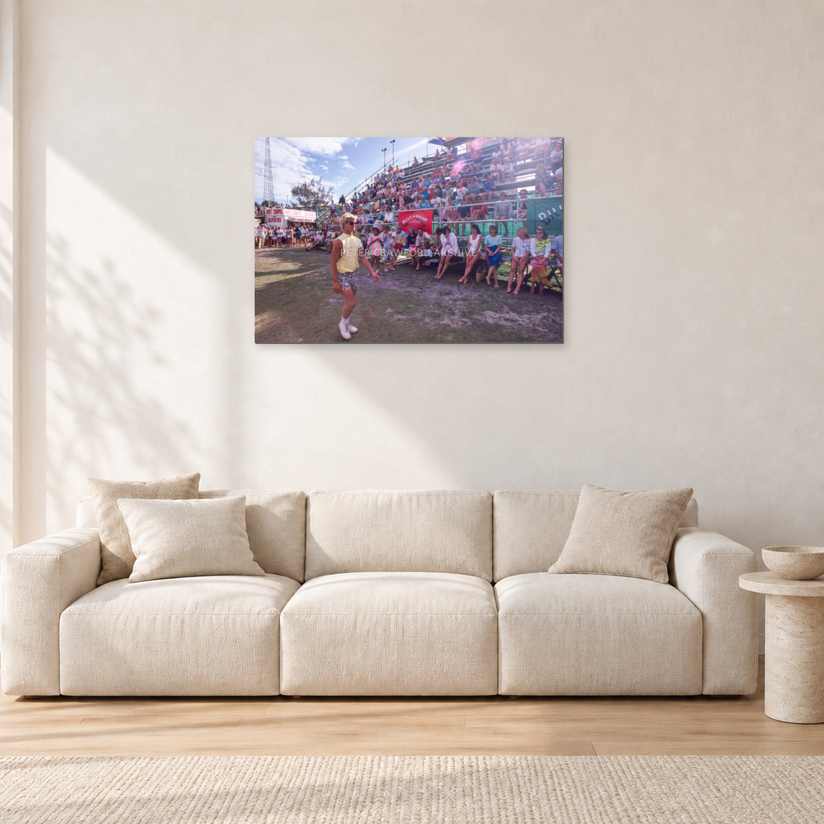 Occy, Duranbah by Peter Crawford — 90 × 60 cm, aluminium-mounted resin print, shown in a light minimalist living room.