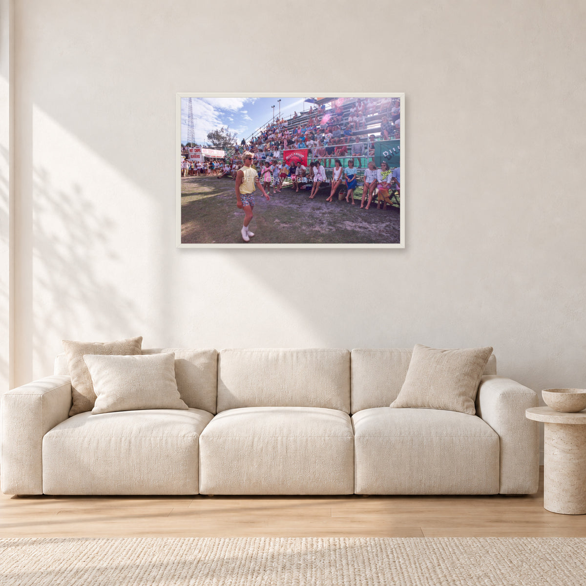 Occy, Duranbah by Peter Crawford — 90 × 60 cm, white frame, shown in a light minimalist living room.