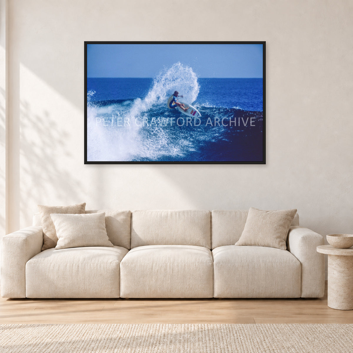 Occy, Top Turn 1984 by Peter Crawford — 120 × 80 cm, black frame, shown in a light minimalist living room.