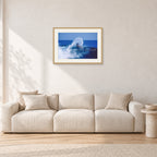 Occy, Top Turn 1984 by Peter Crawford — 60 × 40 cm, hayseed frame with white mat, shown in a light minimalist living room.