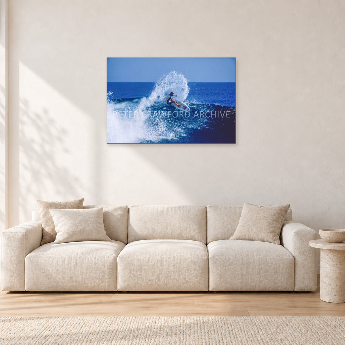 Occy, Top Turn 1984 by Peter Crawford — 90 × 60 cm, aluminium-mounted resin print, shown in a light minimalist living room.