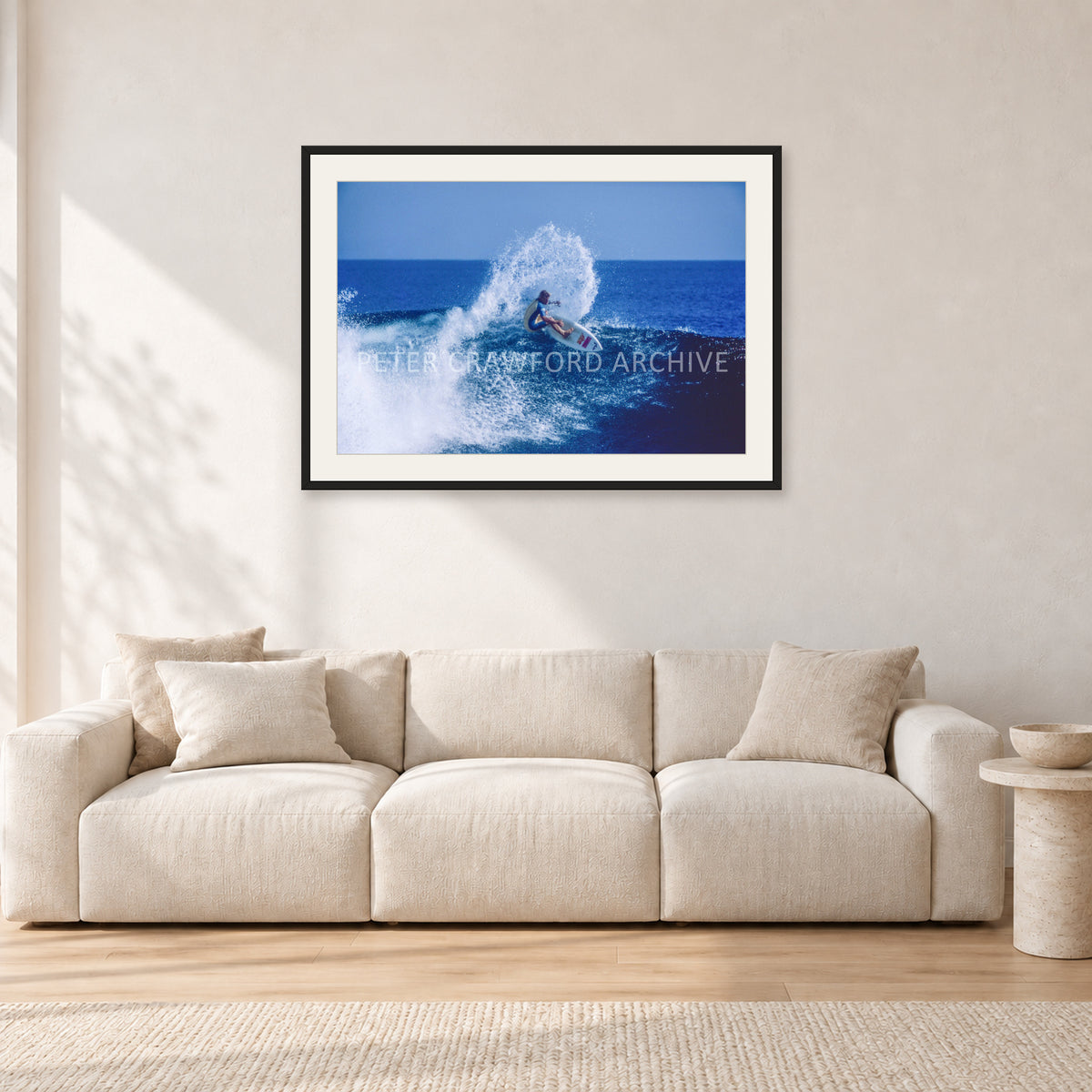 Occy, Top Turn 1984 by Peter Crawford — 90 × 60 cm, black frame with white mat, shown in a light minimalist living room.