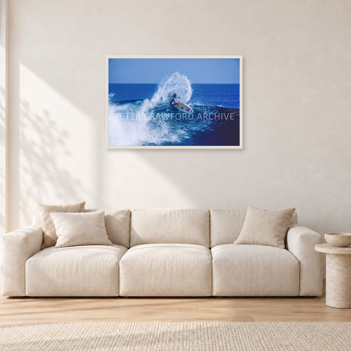 Occy, Top Turn 1984 by Peter Crawford — 90 × 60 cm, white frame, shown in a light minimalist living room.