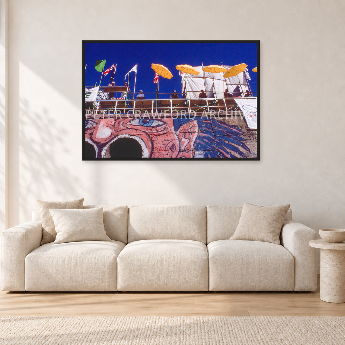 OP Bondi 87 OnTheNose by Peter Crawford — 120 × 80 cm, black frame, shown in a light minimalist living room.