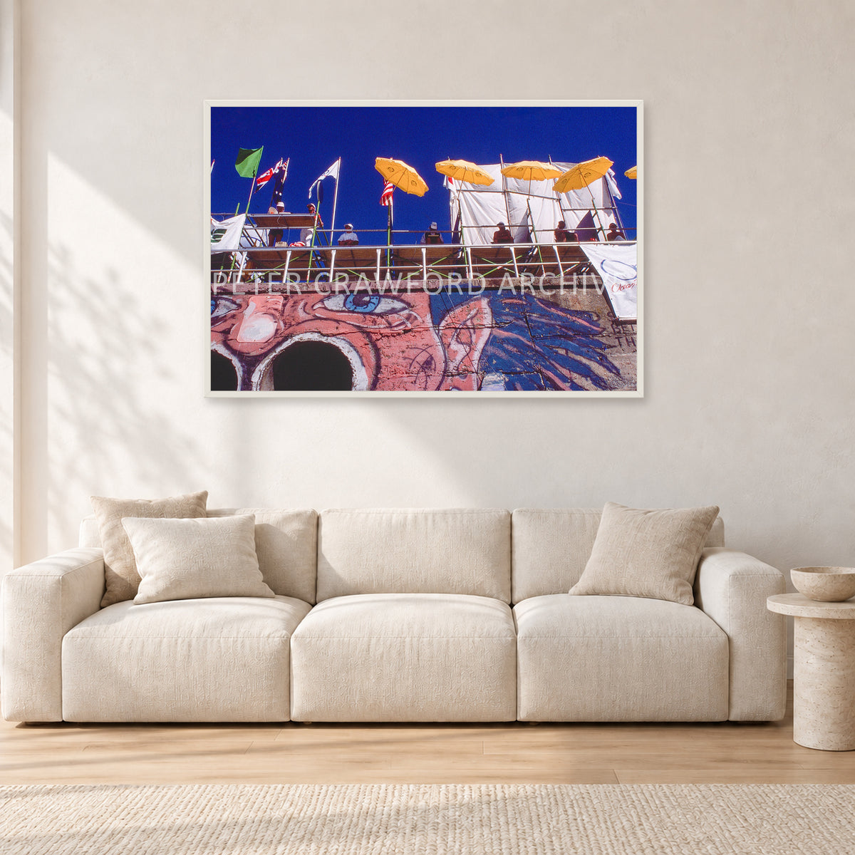 OP Bondi 87 OnTheNose by Peter Crawford — 120 × 80 cm, white frame, shown in a light minimalist living room.