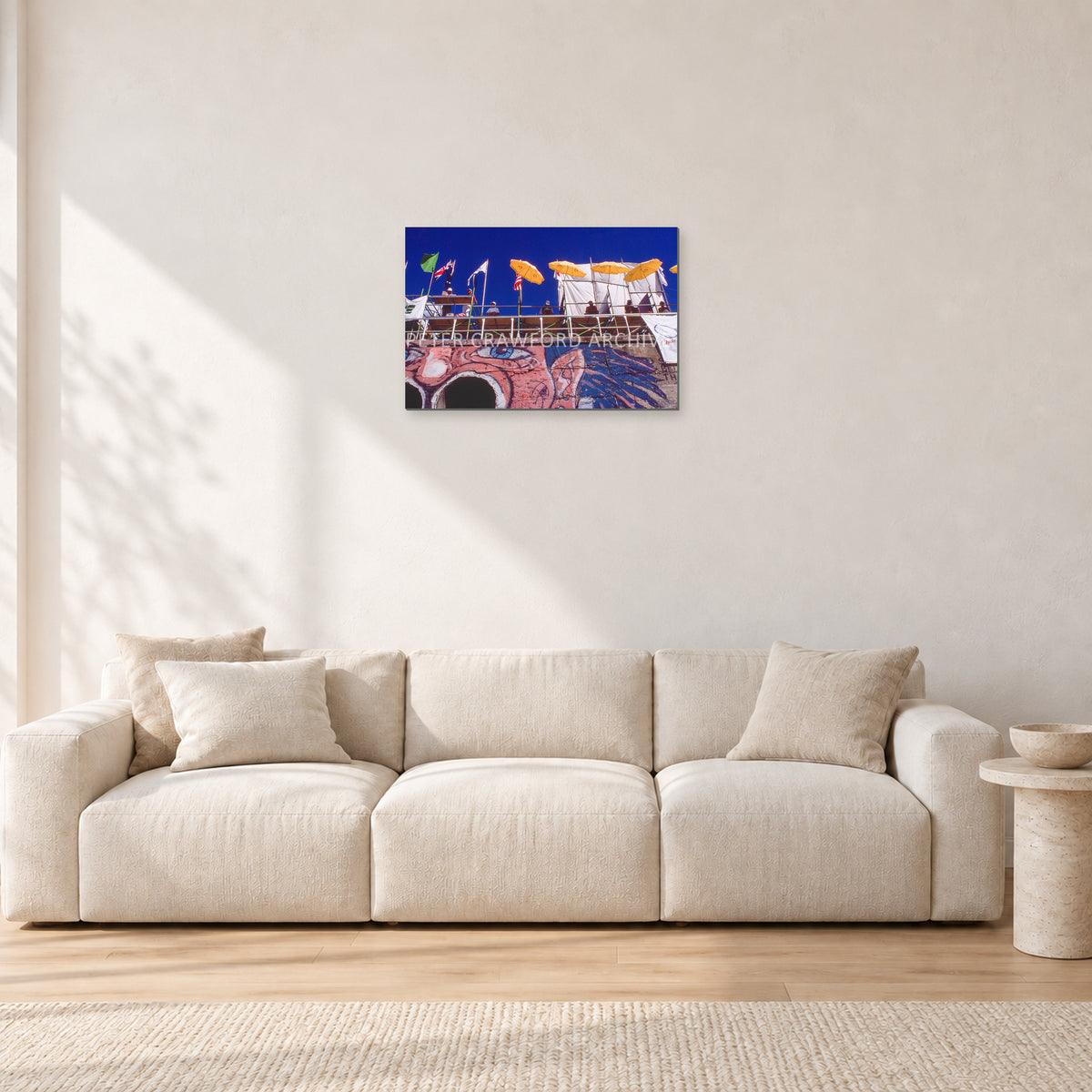 OP Bondi 87 OnTheNose by Peter Crawford — 60 × 40 cm, aluminium-mounted resin print, shown in a light minimalist living room.