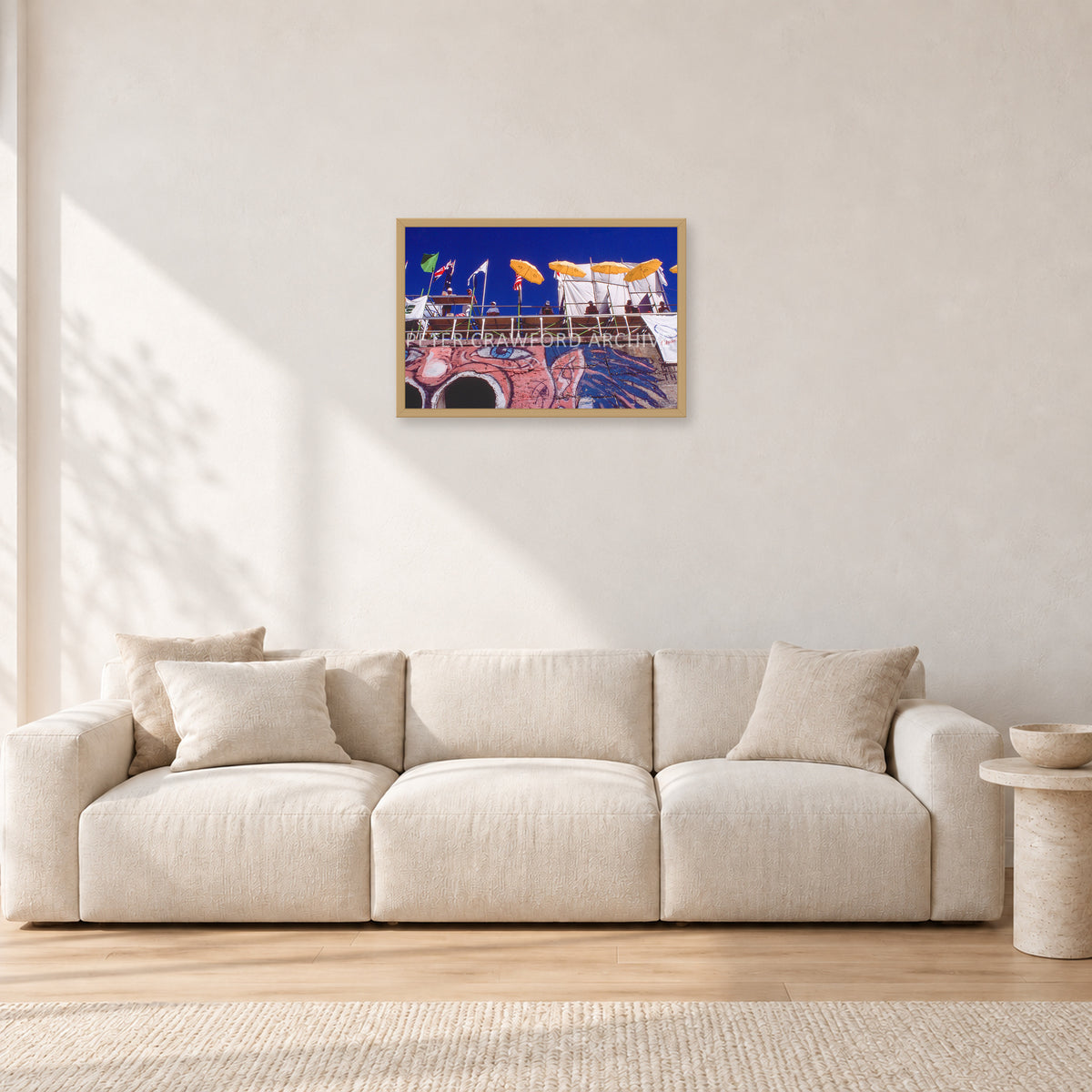 OP Bondi 87 OnTheNose by Peter Crawford — 60 × 40 cm, hayseed frame, shown in a light minimalist living room.