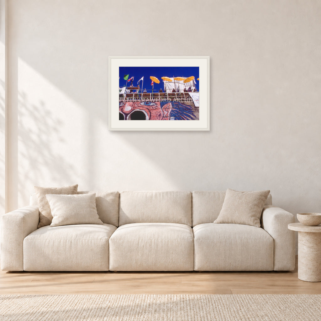 OP Bondi 87 OnTheNose by Peter Crawford — 60 × 40 cm, white frame with white mat, shown in a light minimalist living room.